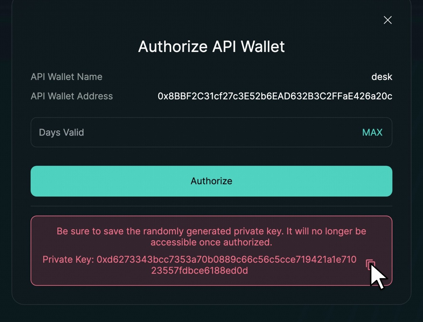 Hyperliquid's Authorize API Wallet dialog