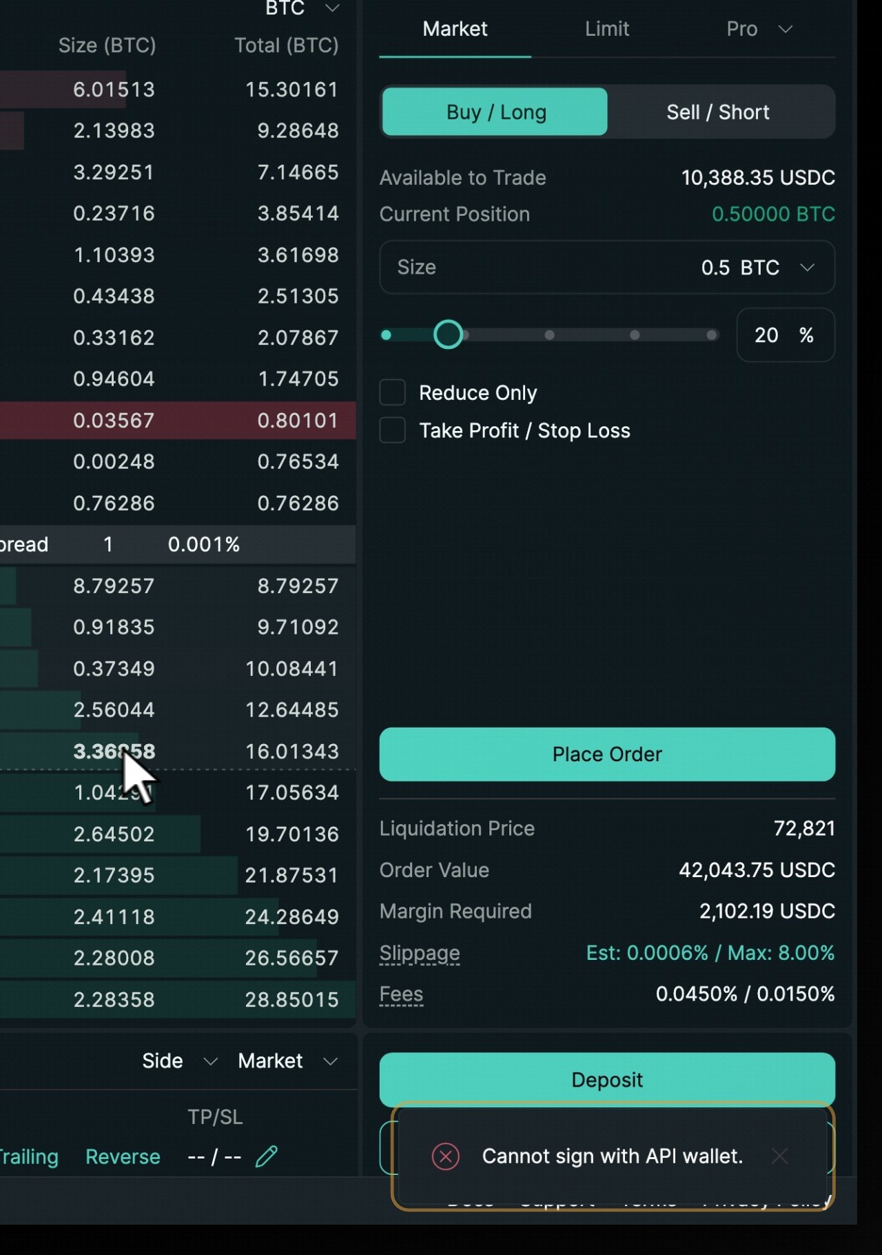 A withdrawal refused in the Hyperliquid app with the message Cannot sign with API wallet