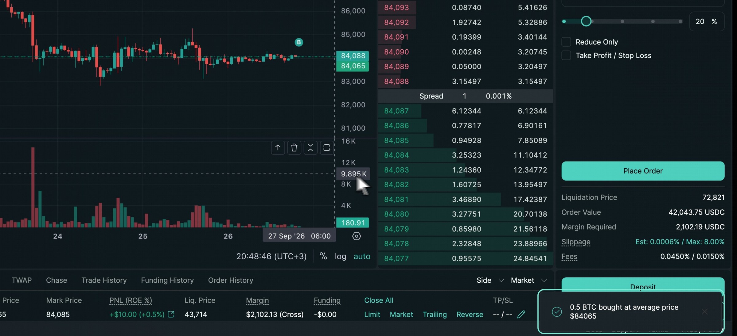 An order placed in the official Hyperliquid app with the cold wallet unplugged