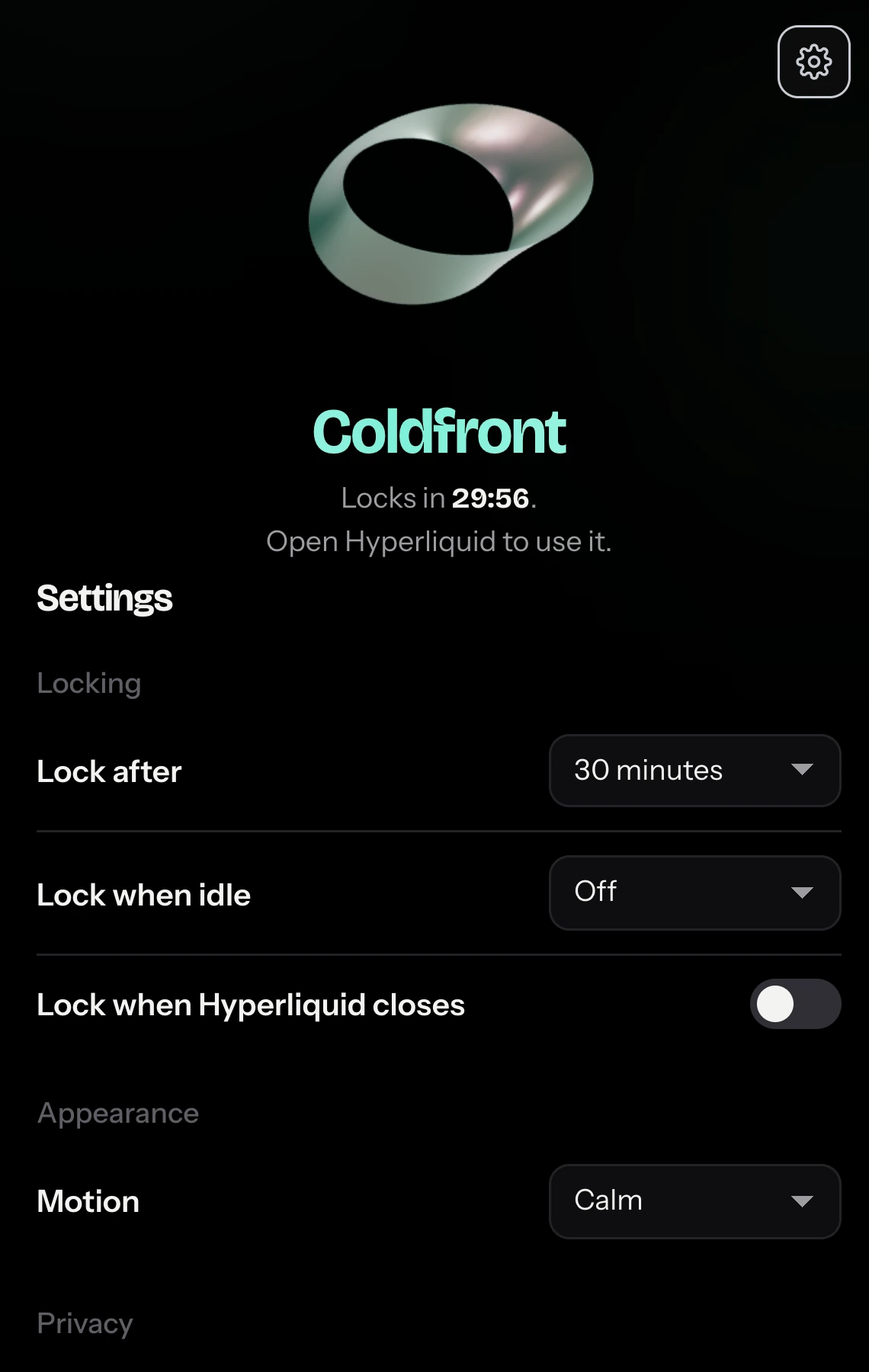 Coldfront settings: lock after, idle lock, lock when the last tab closes
