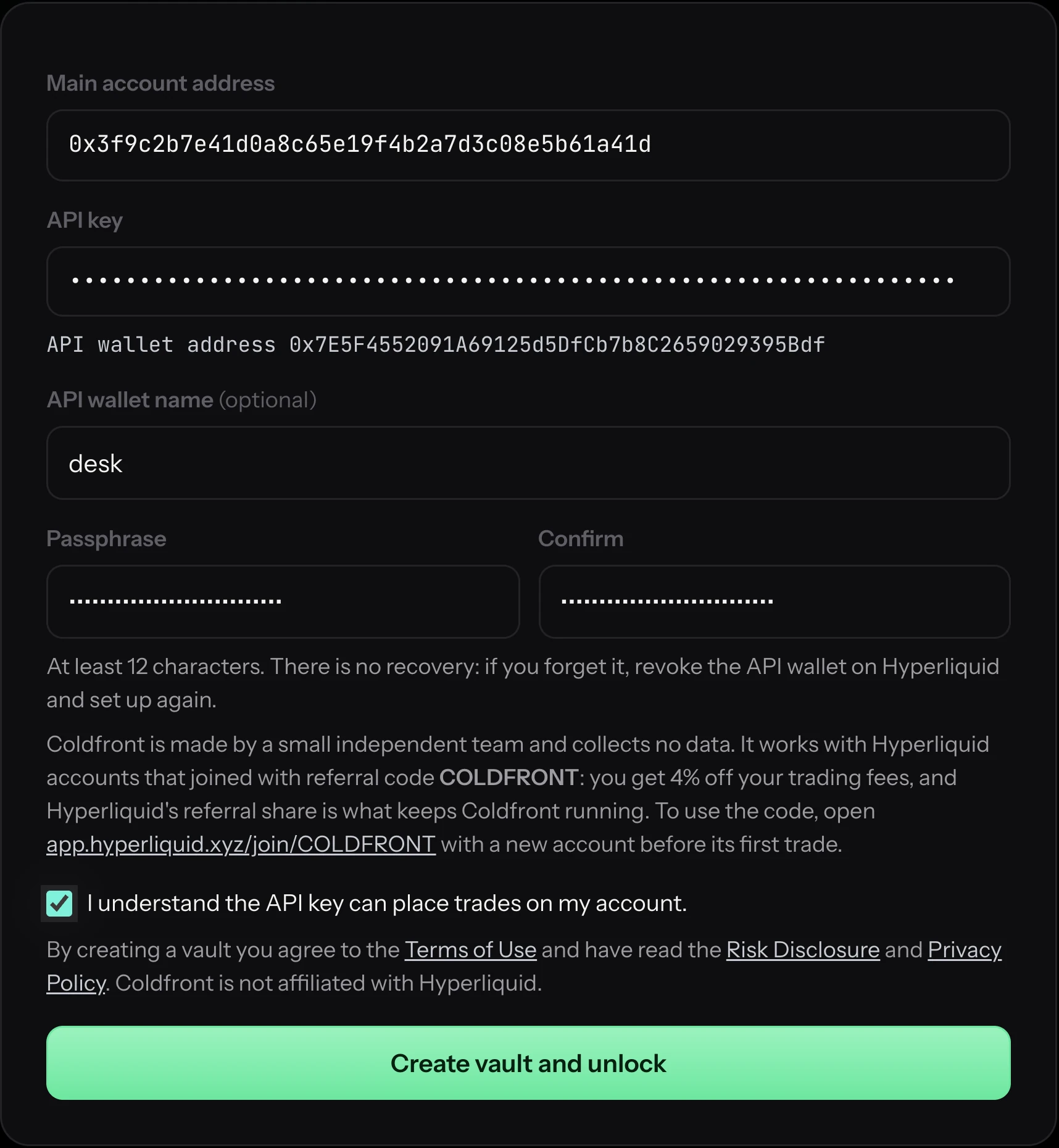Coldfront's setup form with fields for the main account address, the API key and the passphrase